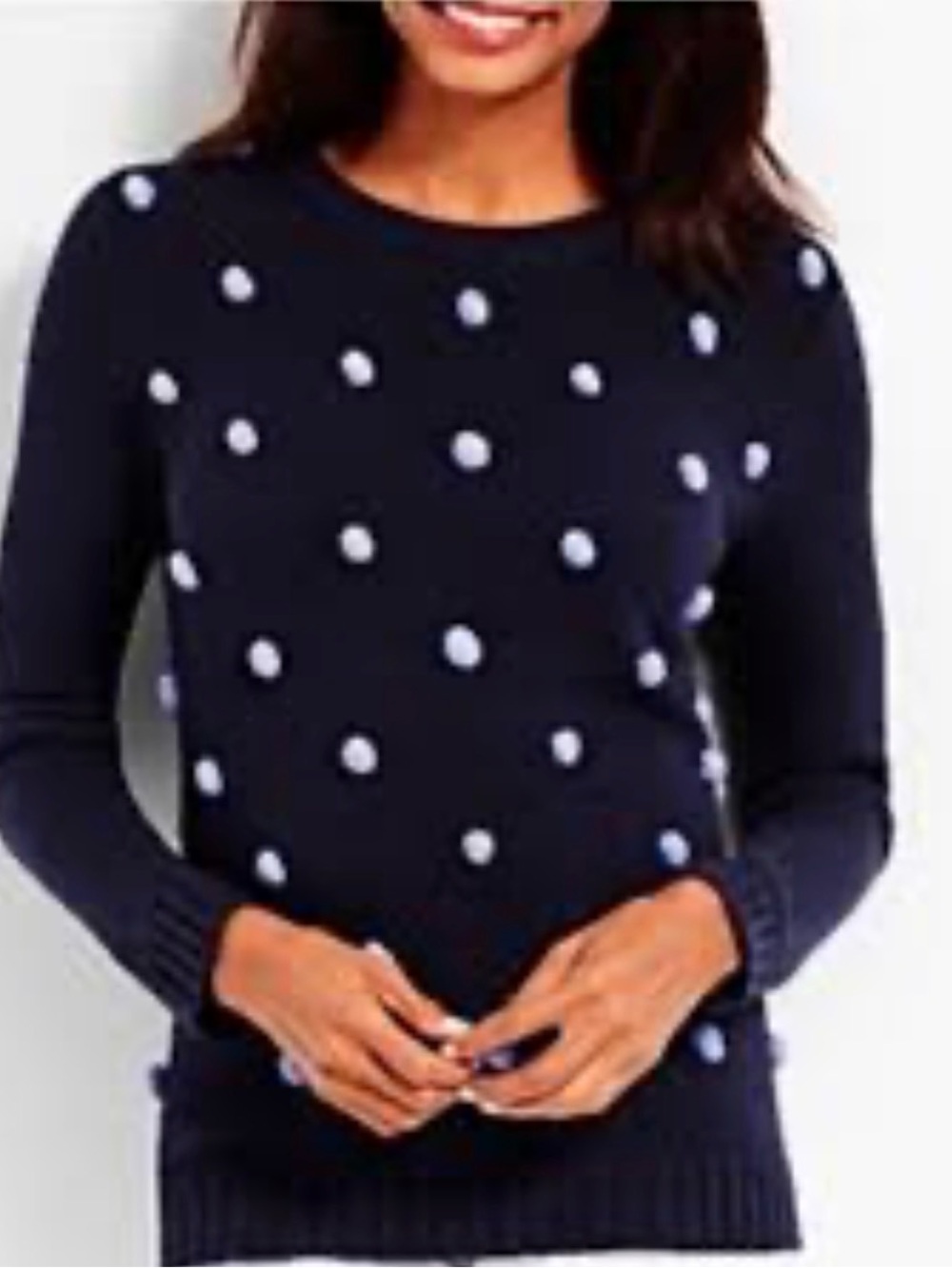 Talbots Womens XL Navy W/ Lavender Pom Pom 3D Polka Dot Cotton Blend Sweater F-1